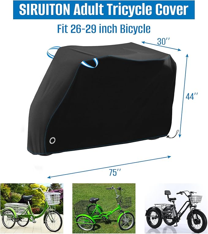 SIRUITON Adult Electric Tricycle Cover for Transport 26-29 inch 3 Wheel Bicycle Covers Heavy Duty 420D Oxford Strong UV Protection & Windproof, Waterproof Trike Bike Covers