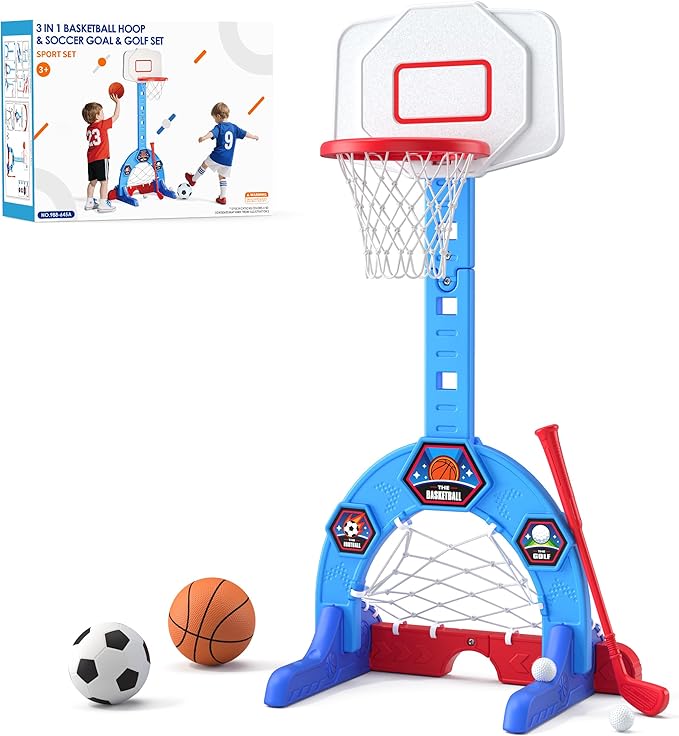 Toddler Basketball Hoop, 3-in-1 Sports Activity Center with Soccer Goal, Golf Game, 5 Height Adjustable Kids Basketball Hoop, Indoor Outdoor Playset Toys Gifts for Boys Girls 3-5, Blue