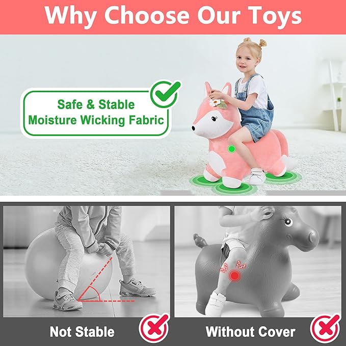 iPlay, iLearn Bouncy Pals Hopping Fox Horse, Toddler Girl Inflatable Bouncing Animal Hopper Toy, Outdoor Indoor Plush Ride on Bouncer, Baby Birthday Gift 18 Month 2 3 4 Year Old Kid - Fox