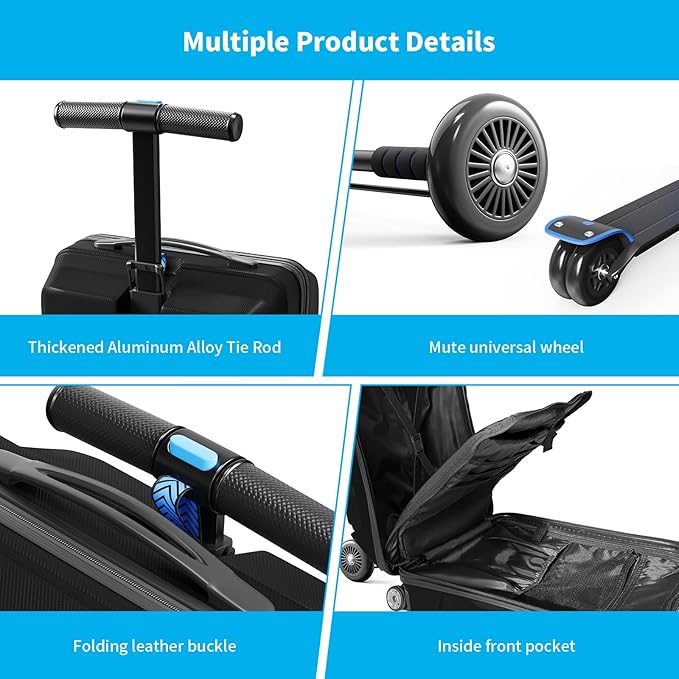 Scooter Suitcase 3-D Hardshell Ride Scooter Luggage for Kids Age 7-15, Cute Lightweight Kids Luggage with Wheels, Girls&Boys Multifunctional Ride On Travel Trolley Scooter Combo-Black