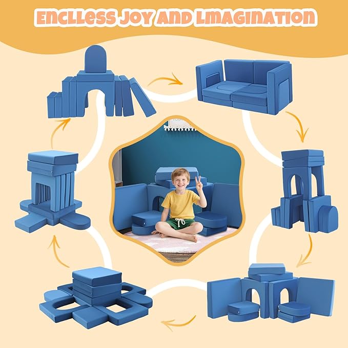 12Pcs Modular Kids Play Couch Multifunctional Foam Toddler Sofa Convertible Kids Sofa Playroom Bedroom Furniture Floor Foam Explorer Couch with Building Fort Feature for Boys and Girls (blue)