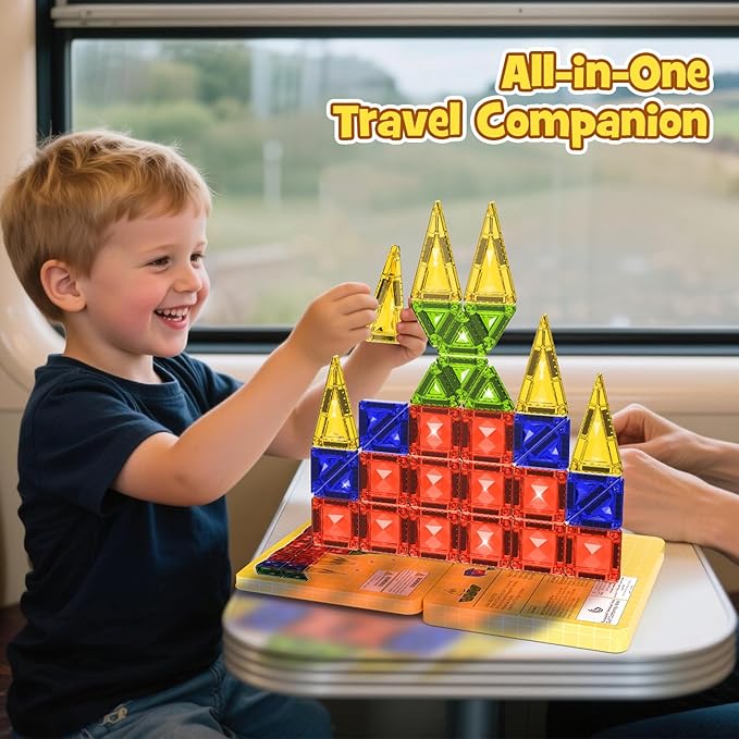 Mini Magnetic Tiles Travel Set - 40PCS Diamond Texture Magnetic Building Blocks for Kids, 10% Thicker & Portable Yellow Metal Storage Box, Montessori STEM Educational Toys Gift for Ages 3+