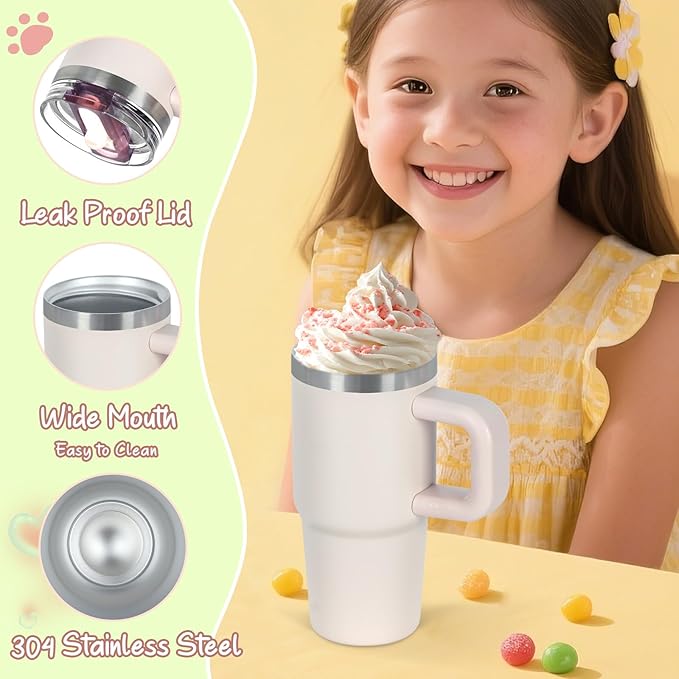 Cosictic 14 Oz Flip Straw Tumbler with Handle for Kids, Stainless Steel Double Wall Insulated Cup for Children with Flip Top Lid, 14 Oz Leak-proof Cups for Kids, Hot Pink and Rose Quartz