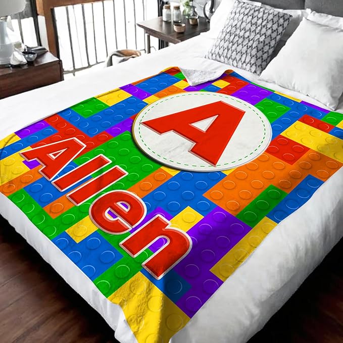 Boys Blankets, Personalized Building Blocks Blanket with Initial Monogram for Kids Toddlers, Funny Throws Blanket Gift, Soft Cozy Flannel Throw for Sofa Bed Couch Decor