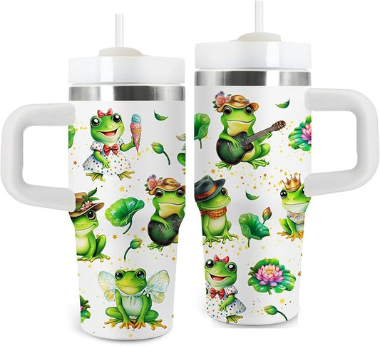 Frog Tumbler Gifts, 14 oz Frog Themed Tumbler with Handle and Straw, Stainless Steel Double Wall Vacuum Insulated Cup Keep Hot Cold - 14oz Travel Mug with Lid Tumblers for Home Work Outdoor Use