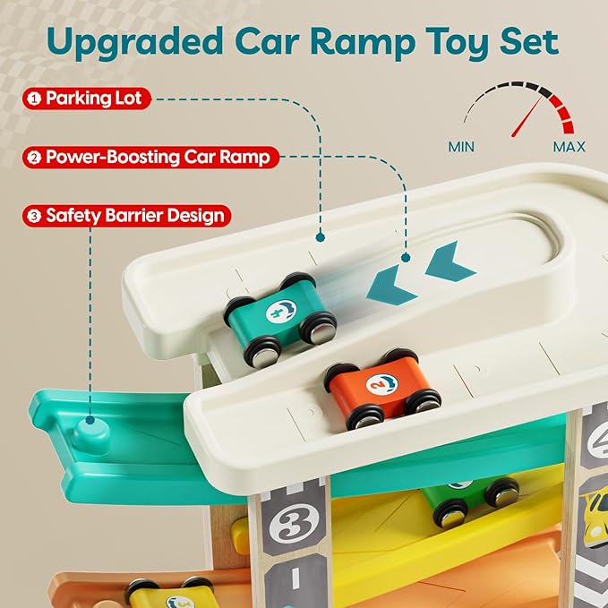 TOP Bright Toddler Wooden Race Track Car Ramp Toys for 1 2 Year Old Baby Motor Skills Race Tracks Car Ramp Vehicle Playsets with 4 Mini Cars and 1 Car Garage