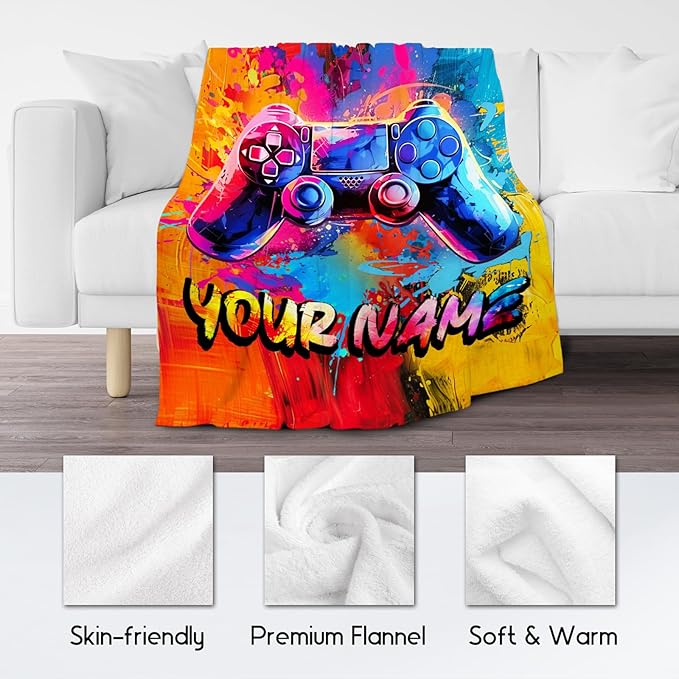 Personalized Gamer Blanket Boys Blankets Gifts for Teens/Men - Cool Soft Cozy Gaming Throw for Bed - 4 Sizes