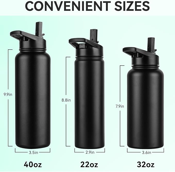 DOMICARE 32 oz Insulated Water Bottle, Vacuum Insulated Stainless Steel Sports Water Bottle with Straw Lid & Spout Lid, Leakproof, Reusable - Travel, Camping, Bike, Black