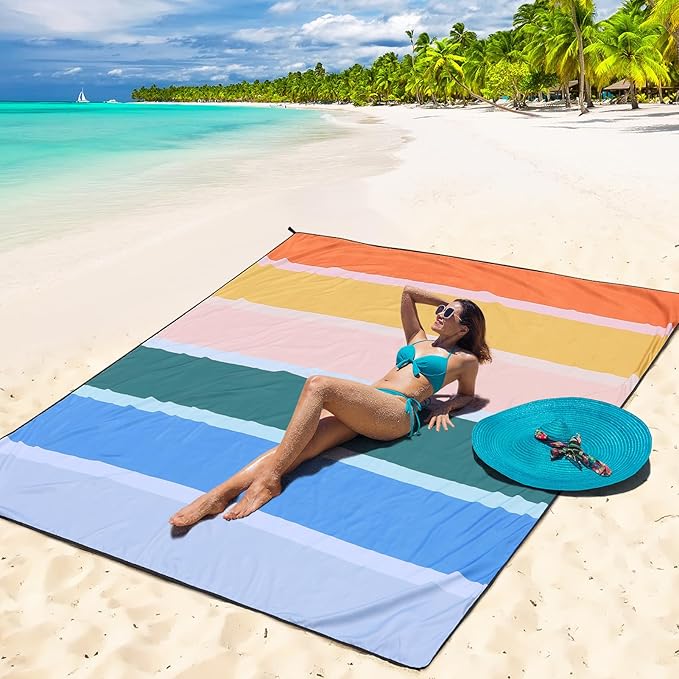 Beach Blanket Waterproof Sandproof Beach Mat 79" X 83"/10'x9'for 2-8 Adults Quick Drying Outdoor Picnic Mat Beach Accessories for Travel, Camping, Hiking