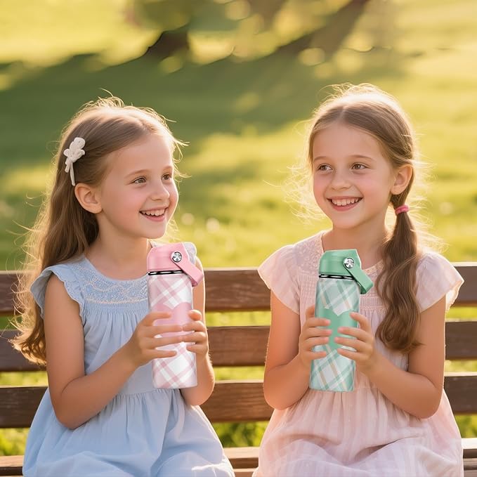 18oz Kids Insulated Water Bottle with Straw Lid - 18/8 Stainless Steel Kid Cup Travel Tumbler Double Wall Vacuum Leak Proof Portable Toddler Water Bottle (Plaid Pink+Green）