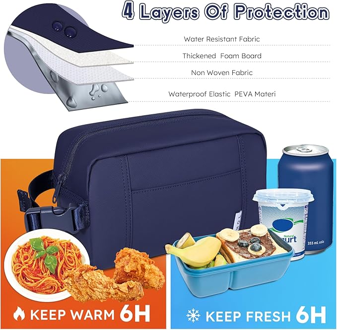 NOL Natural Organic Lifestyle Freezable Snack Bag, Leakproof Cooler Lunch Bag, Reusable, Zip Closure with Buckle Handle Nylon Waterproof Snack Box for Work Travel-Navy blue