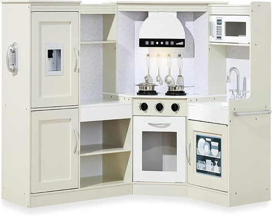 Best Choice Products Pretend Play Corner Kitchen, Ultimate Interactive Wooden Kids Playset w/Lights & Sounds, Ice Maker, Hood - Cream