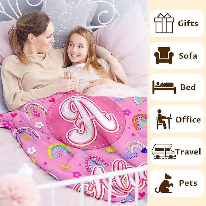 Kids Girls Blankets Gift, Personalized Blanket with Initial Monogram Name for Kids Toddlers Girls Age 6-8, Rainbow Print Soft Cozy Flannel Throw for Sofa Bed Couch Decor