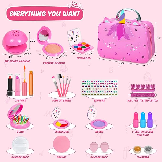 2 In 1 Kids Makeup Sets for Girls 3-5 5-8 8-12 Nail Art Machine Kits for Girl Toys Real Makeup Kit Pretend Makeup Set Princess Dress Up Christmas Birthday Gifts For 3 4 5 6 7 8 9 10 11 12 Girl Boy