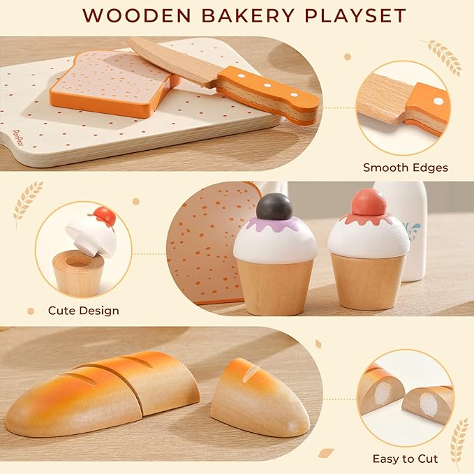 PairPear Wooden Bakery Toy Food Playset for Kids Kitchen, 22 PCS Play Food Kitchen Toys for Toddler 3+, Play Kitchen Accessories with Shopping Bag, Cutting Food Toys Gift for Boys and Girls