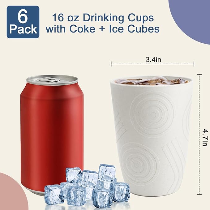 Wheat Straw Cups 16 OZ - Unbreakable Drinking Cup Set of 6 Plastic Cups Reusable Lightweight Glasses Drinking Cup Microwave & Dishwasher Safe Water Glasses Tumbler - White