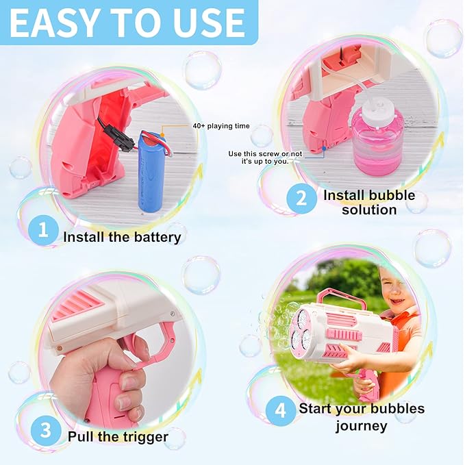 Upgraded Bubble Gun No Dip, Bubble Machine Gun with Light, 9000+ Bubbles Per Min Bubbles for Kids Toys, 2025 Top for Kids, Grandkids, Boys, Girls 3-12 Years Old -Pink