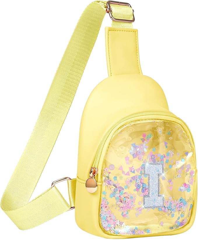 COSHAYSOO Personalized Christmas Birthday Gifts Burr Basket Stuffers for Girls Yellow Purse Sling Bag Crossbody Girl Cute Funny Cool Mini Travel Fashion Accessories Monogrammed Initial Letter I
