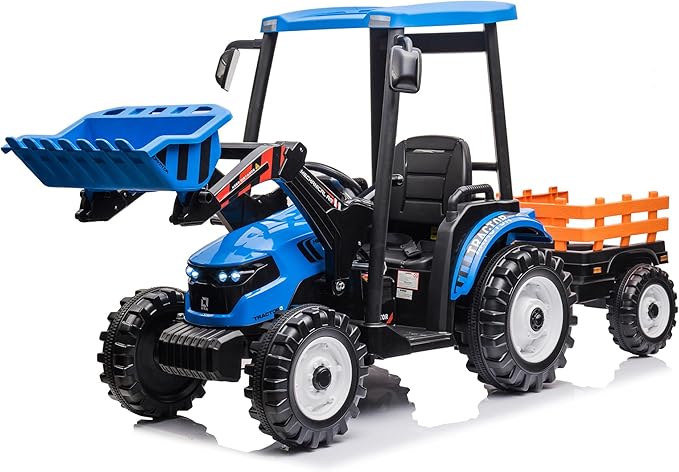 Kidsera 24V Kids Ride on Tractor with Trailer & Front Loader, 3 In1 Tractor 4-Gearbox 24volt Dual Motors Metal Frame, 24V Ride on Toys for Big Kids, Power Wheels Kids Electric Vehicles (Blue)