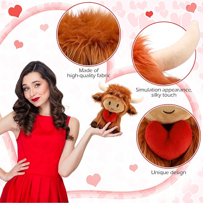 1 Pcs Fall Highland Cows Stuffed Love Animal Brown Cute Heart Stuff Fluffy Cattle Dolls Farm Plush Toy Gifts Thanksgiving Decoration for Adults Men and Women