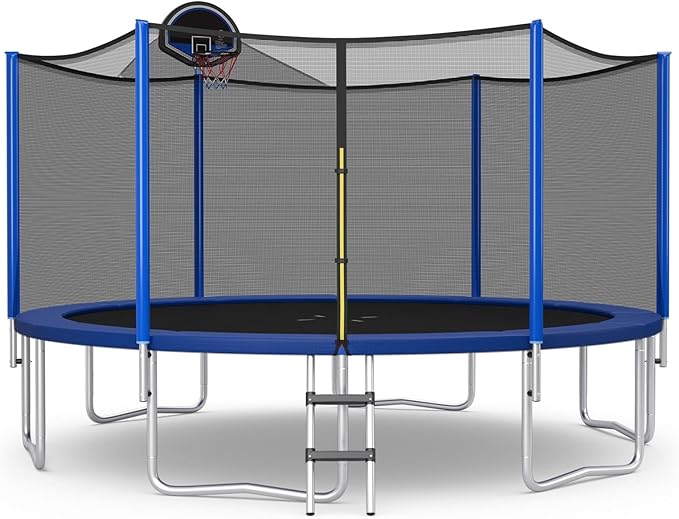 GYMAX Trampoline for Kids, ASTM Approved 12FT 14FT 15FT 16FT Recreational Toddler Trampoline with Enclosure Net, Basketball Hoop, Basketball & Pump, Rebounder for Adults