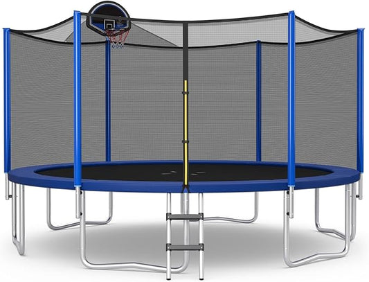 GYMAX Trampoline for Kids, ASTM Approved 12FT 14FT 15FT 16FT Recreational Toddler Trampoline with Enclosure Net, Basketball Hoop, Basketball & Pump, Rebounder for Adults