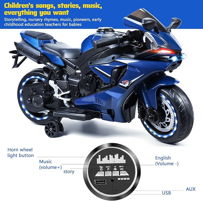 Electric Motorcycle for Kids, Electric Dirt Bike for Children, Speed Up to 9mph Ride-On Motorcycle with Safety Auxiliary Wheels (12V Battery) Red