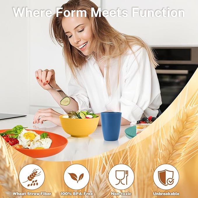 Wheat Straw Dinnerware Sets for 8, Unbreakable Plates and Bowls Sets for 8, 32-Piece Dishes Set, Microwave Safe Plastic Plates Reusable, Cups and Bowls Sets for Kitchen, Outdoor - Multi