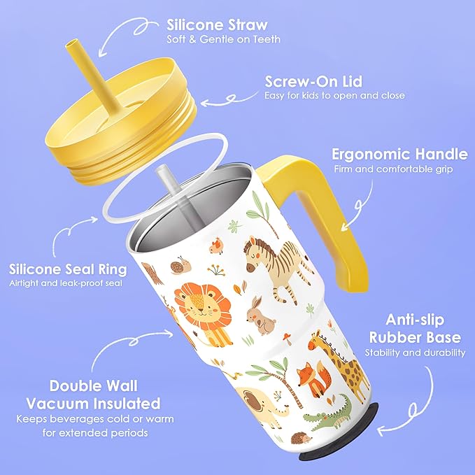 Jungle Animal Tumbler 20oz with Handle and Silicone Straw Lid for Kid, Insulated Stainless Steel Cup, Gift for Kids Boys, Gifts Idea for Birthday Christmas Back to School