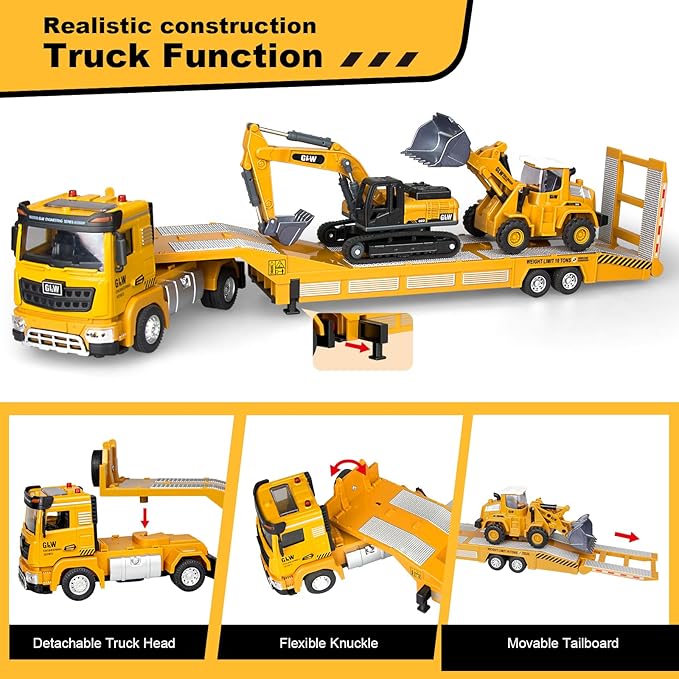 Toddler Boys Toys for 3-5 Years Old, Construction Toy Set w/Semi Truck, Excavator, Bulldozer, Alloy Engineering Construction Vehicles Truck Toys for Boys Age 4-7