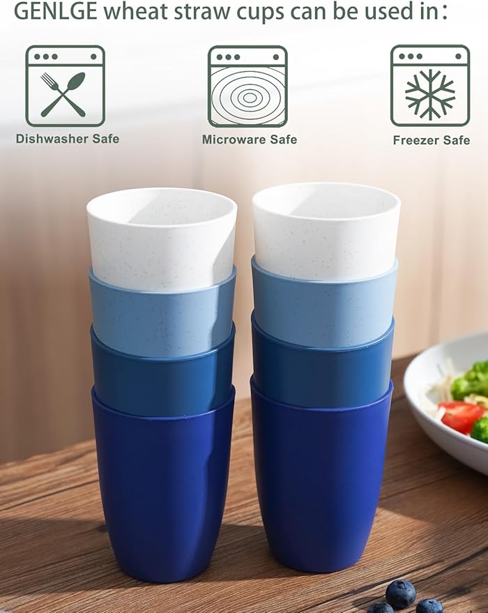 12 OZ Wheat Straw Cups Reusable Drinking Tumblers, Unbreakable Cups for Kitchen - BPA Free, Dishwasher Safe, Set of 8, Ombre Blue