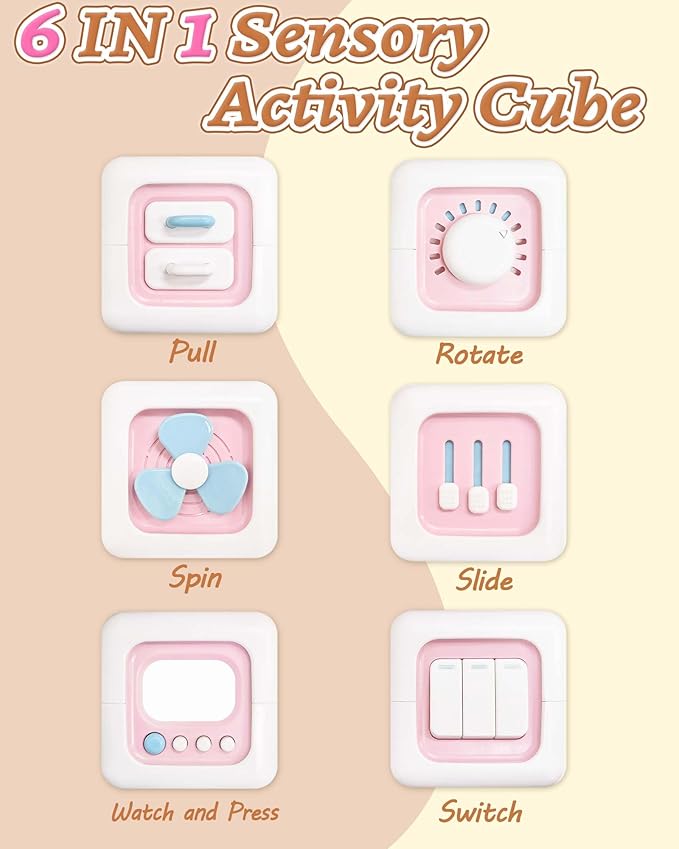 6 in 1 Busy Cube Montessori Toys for 1 Year Old Girl, Baby Sensory Toys for Ages 1-3, Toddler Learning Activities Travel Toy Birthday Gift for 1 2 3 Year Old Girl -Pink