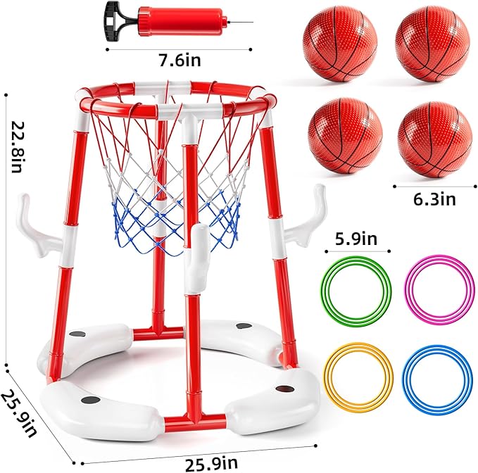 Swimming Pool Basketball Hoop Toy for Kids 2 3 4 5 6 Years Old - Floating Pool Basketball Game Toys with 4 Balls Air-Pump, Outdoor Play, Poolside Summer Water for Boys Girls Age 4-8-12 (Red)