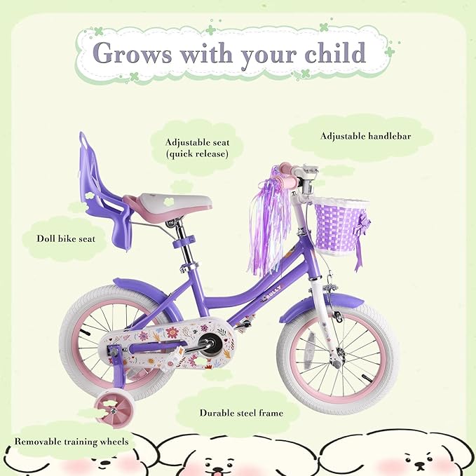 RULLY Daisy Kids Bike for Girls Ages 2-9 Years, 12 14 16 18 Inch Princess Girls Bicycle with Doll Bike Seat, Training Wheels, Basket and Streamers, Kids Cycle Bikes, Multiple Colors