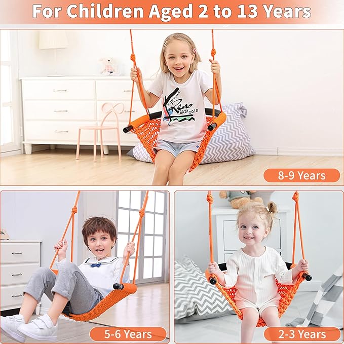 Hi-Na Kids Swing for Swing Set, Heavy Duty Rope Swings with Snap Hooks and Straps, 440LBS Capacity, Toddler Swing Seat for Indoor Porch, Outdoor Playground, Tree, Orange