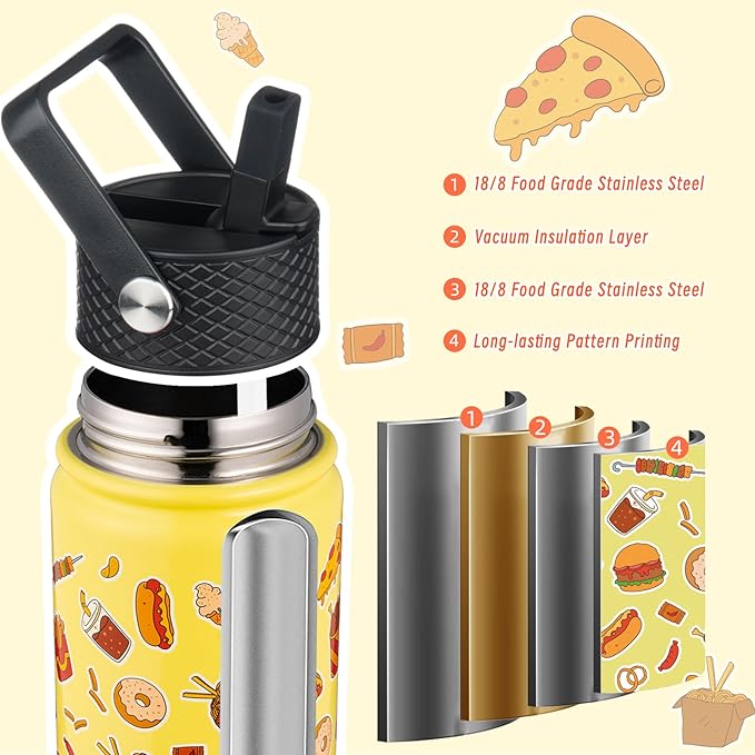 BJPKPK Insulated Water Bottle with Straw Lid, 22 oz Stainless Steel Metal Water Bottles, Reusable Leak Proof BPA Free Water Bottles, Cups, Thermo, Yummy