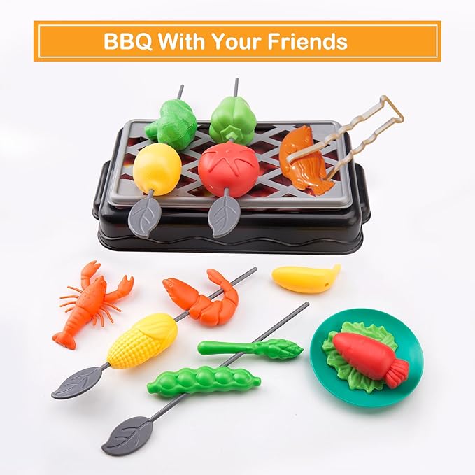 105Pcs Kids Kitchen Toy Accessories, Toddler Pretend BBQ Camping Cooking Playset, Play Pots, Pans, Utensils Cookware Toys, Play Food Set, Vegetables, Learning Gift for Girls Boys
