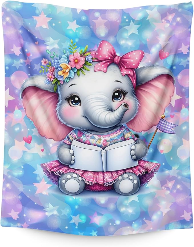 Girls Blanket for Kids Elephant Blankets Gift for Elephant Lovers, Cute Cozy Soft 80 x 60 Inches Flannel Throws for Travel Bed Living Room Garden Sofa