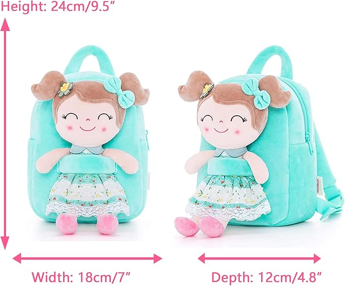 Gloveleya Kids Backpacks Girls Backpack Plush Bags with Soft Baby Doll Green 9"