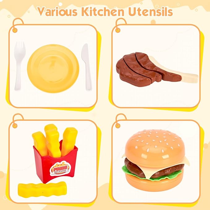 200Pcs Mini Play Kitchen Accessories for Kids, Pretend Cooking Playset with Cookware, Tableware & 2 Fruit Sets, Learning Gift for Girls, Boys, Toddlers, Yellow