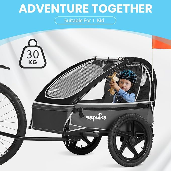 Sepnine Kids Bike Trailer, Suitable for 1 to 2 Kids, 12+ Months, Quick Attach to Bike, Foldable, with 5-Point Harness and Storage Bags