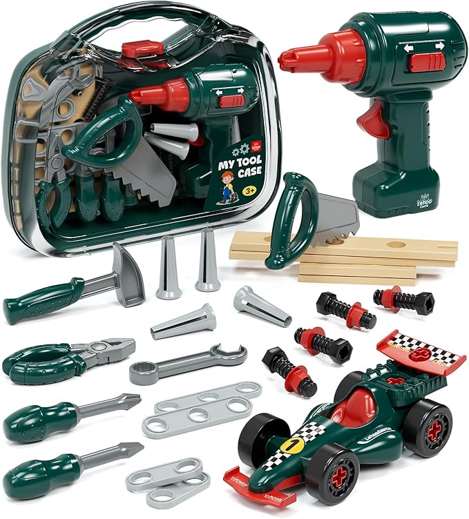 Lehoo Castle Kids Tool Set with Electric Drill & Take Apart Race Car, Construction Toys for Boys 3 4 5 Year Old, STEM Learning Toys for Ages 3+ with Storage Box, Birthday for Toddlers