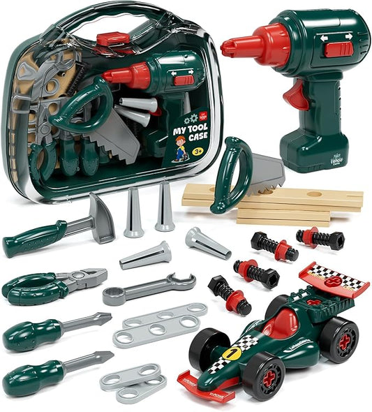 Lehoo Castle Kids Tool Set with Electric Drill & Take Apart Race Car, Construction Toys for Boys 3 4 5 Year Old, STEM Learning Toys for Ages 3+ with Storage Box, Birthday for Toddlers