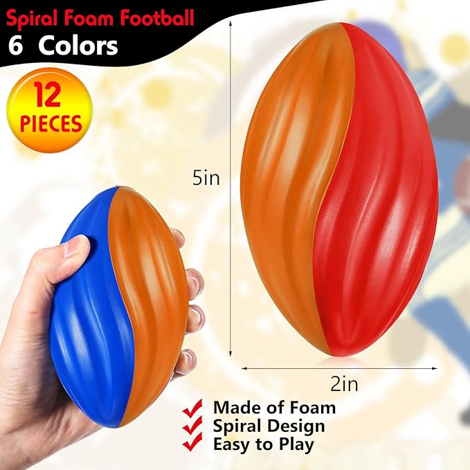Jerify 12 Pcs Mini Footballs for Kids Spiral Foam Football Bulk 5 Inch Soft Small Waterproof Foam Ball Sports Birthday Toddler Football for Indoor and Outdoor Game(Festive Color)