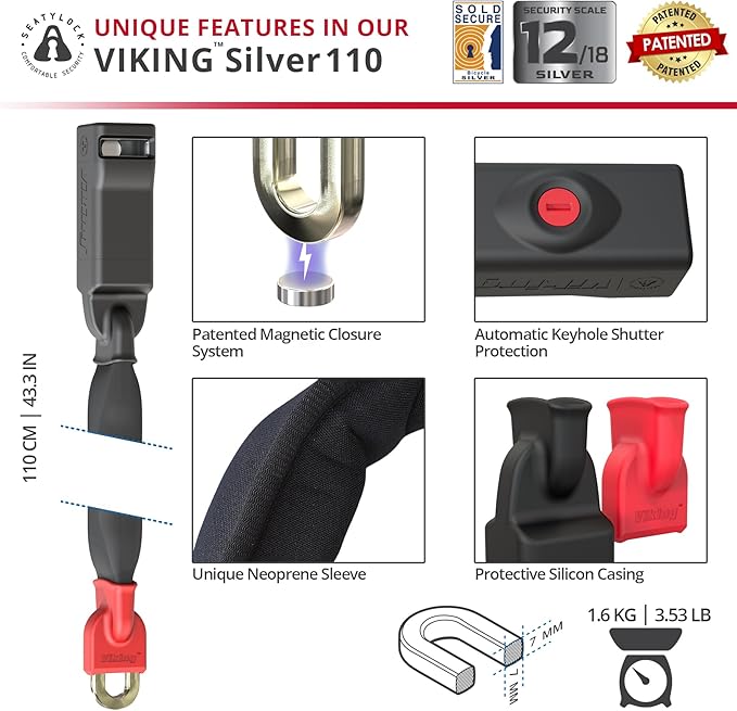 Seatylock Viking Bike Chain Lock with Key - Magnetic Patented Sold Secure Silver Rated - Heavy Duty Anti Theft - Smart Ultra Security Bicycle Lock (43.3 Inch)