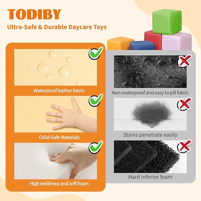 Foam Building Blocks for Toddlers：12-Pieces Wipeable Leather Stacking Cubes Kids - Large Soft Toys Play Set for Learning Construction Baby Preschool Daycare Therapy Birthday Gift (Rainbow)