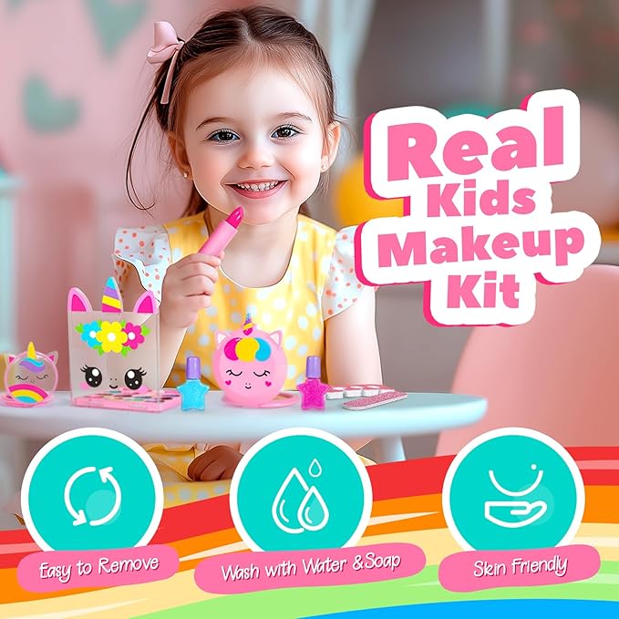 ULOVEME Kids Real Makeup Kit for Little Girls - Real, Non Toxic, Washable Make Up Toy - Umicorn Toys Gift for 3 4 5 6 7 8 9 10 12 Years Old Girls Birthday (Heart Shaped Pink Purse)