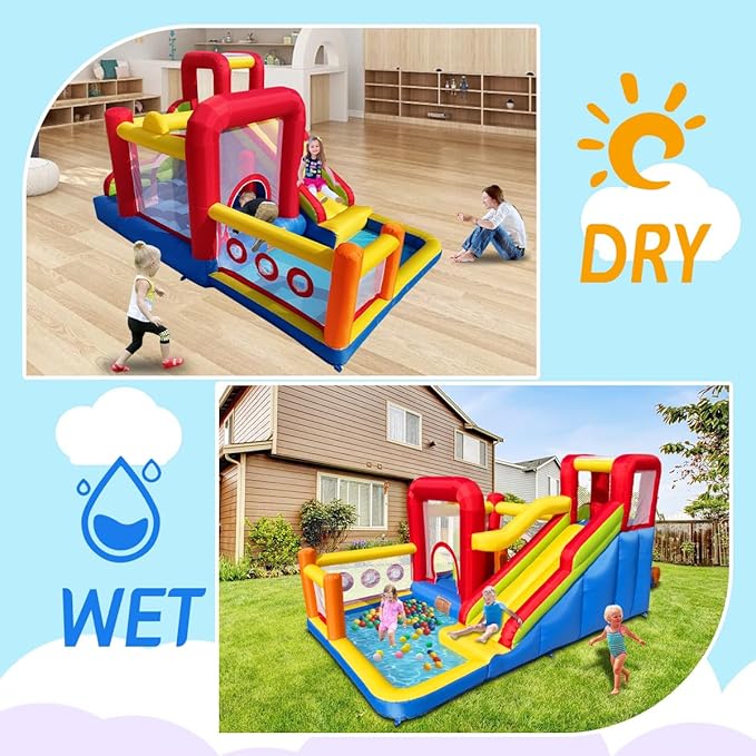 Bounce House, Inflatable Bounce Castle with Blower for Kids, Blow Up Jumping Bouncer with Slide, Climbing Wall, Obstacles, Trampoline, Ball Pit Pool for Indoor Outdoor
