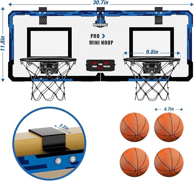 2 Player Basketball Game, Dual Shot Over The Door Mini Basketball Hoop Indoor with Scoreboard, Basketball Toy Gifts for Kids Boys Girls Adults, Suit for Bedroom/Office/Outdoor/Pool, Blue