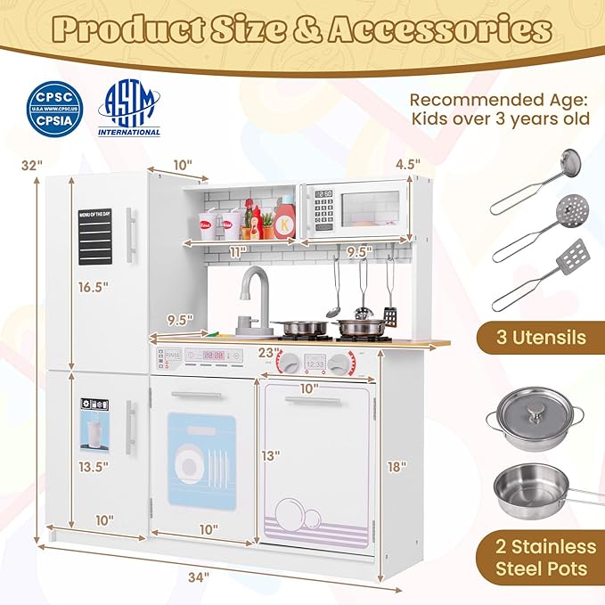 HONEY JOY Kids Kitchen Playset, Wooden Little Chef Pretend Play Kitchen Set w/Blackboard, Large Storage Cabinet, Stove, Faucet, Sink, Play Kitchen for Toddlers, Gift for Boys Girls, White